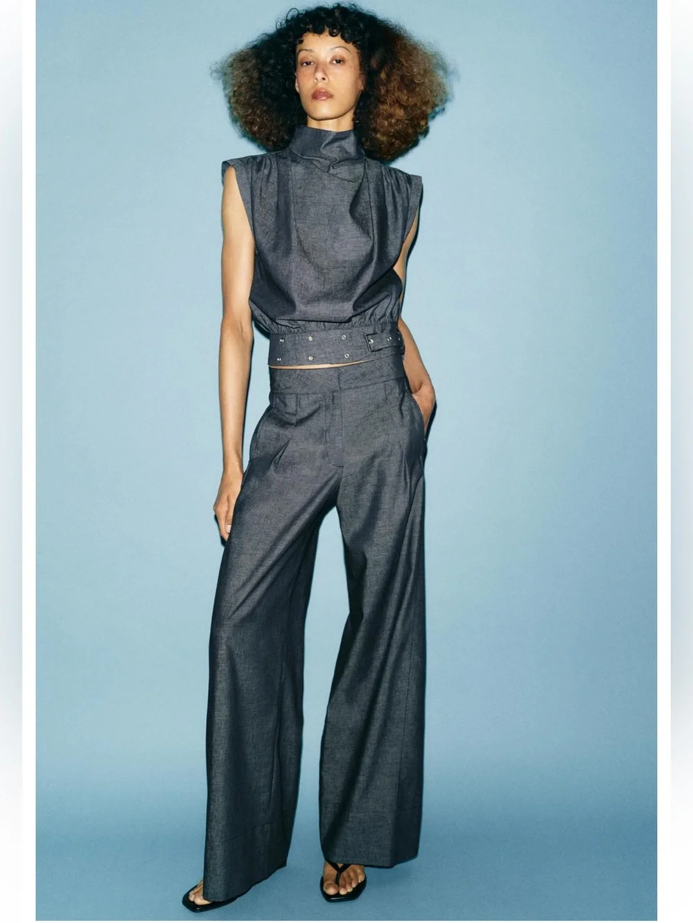 Zara high waisted Wide Leg linen Blend Pants - Dark Blue ( Top not included)